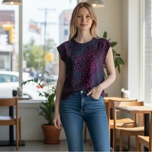 Express Gramercy Women’s Short Sleeve Printed Top in Purple & Teal Size XS